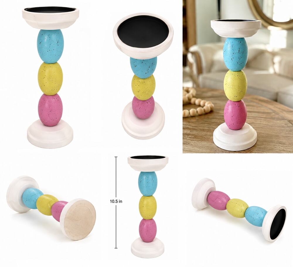 Wooden Pastel Easter Egg Taper Candle Holder – Farmhouse Spring Decor